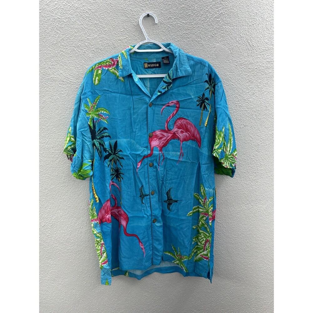 Mens Wingo Shirt Size Large Blue Hawaiian Short Sleeve Button Up